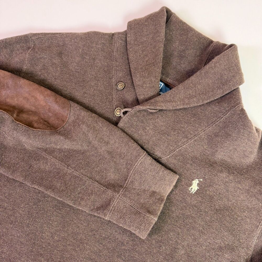 Polo Ralph Lauren Shawl Collar Sweater Men L Brown Elbow Patch Preppy Equestrian